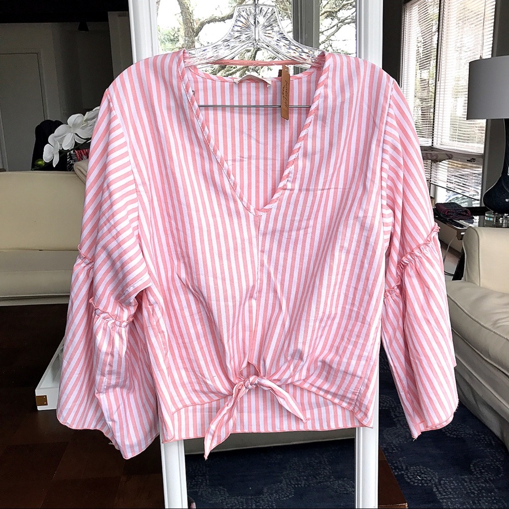 White Peach Stripe Bell Sleeve Wrap Top - Picture 4 of 8